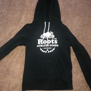 Black roots hoodie with white drawstrings